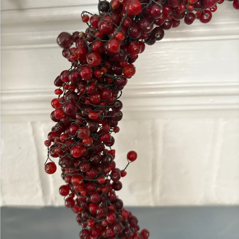 New Pottery Barn Red Beaded Wreath w/Ribbon 11” X 11”